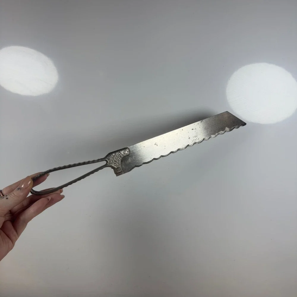 Vintage Fremont Ohio Serrated Bread Knife Metal Loop Handle Antique Primitive